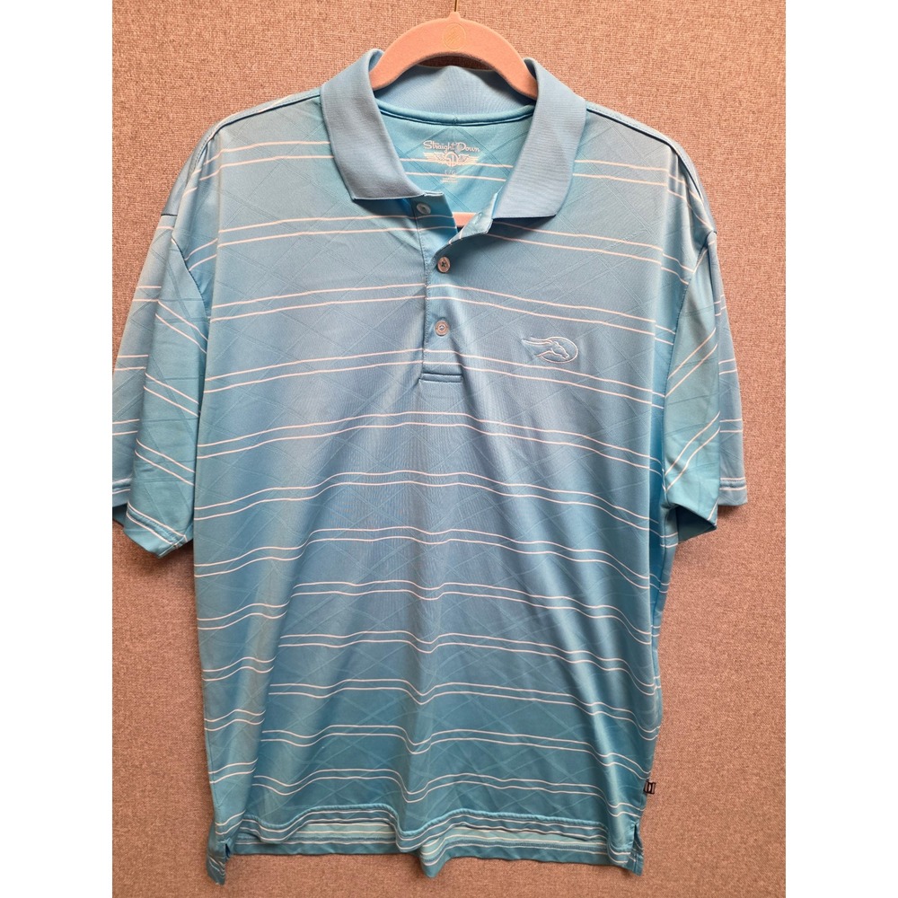 Straight Down Mens Blue Striped Short Sleeve Golf Polo Shirt Large Horse Logo